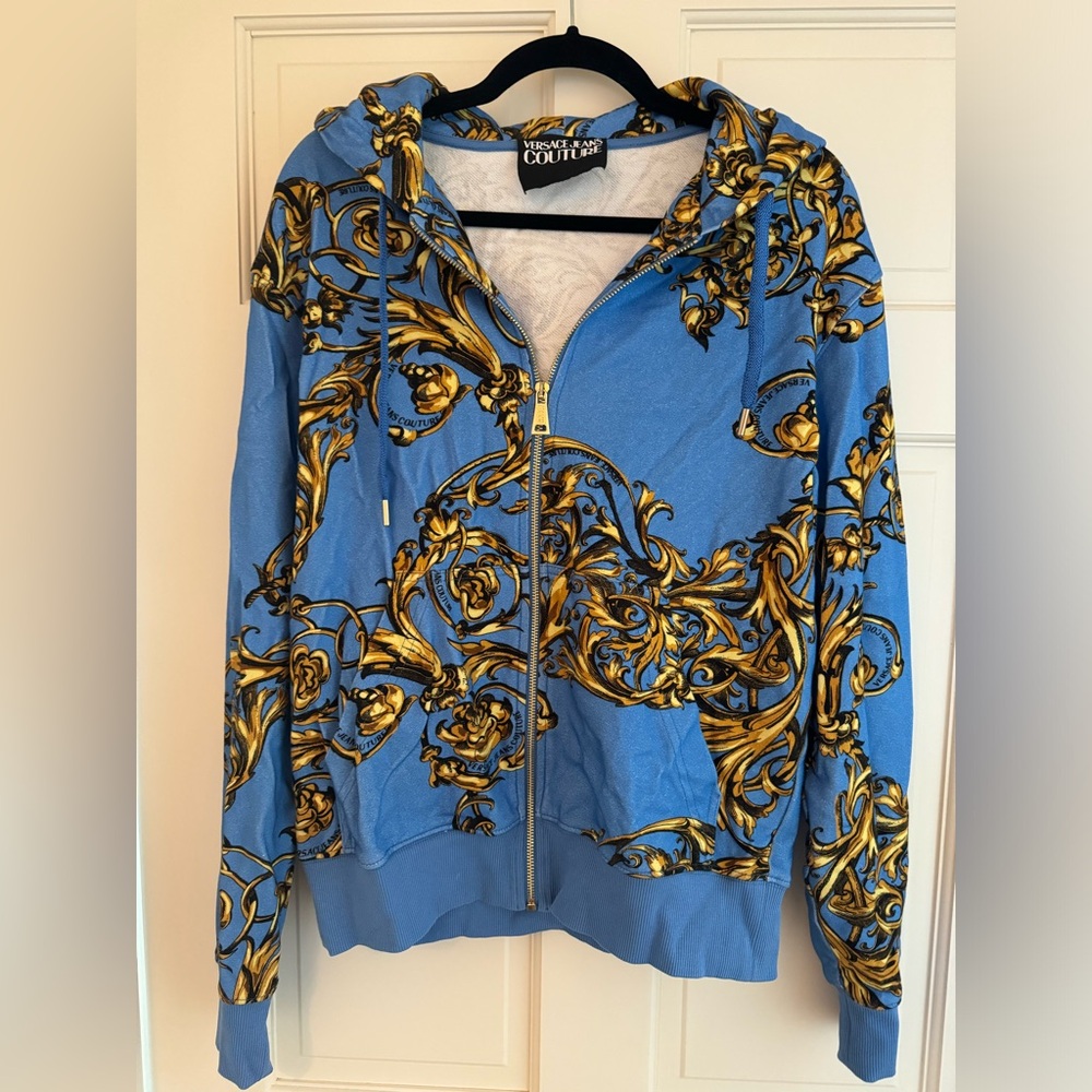 Versace Collection Blue and Gold Baroque Zip Hoodie